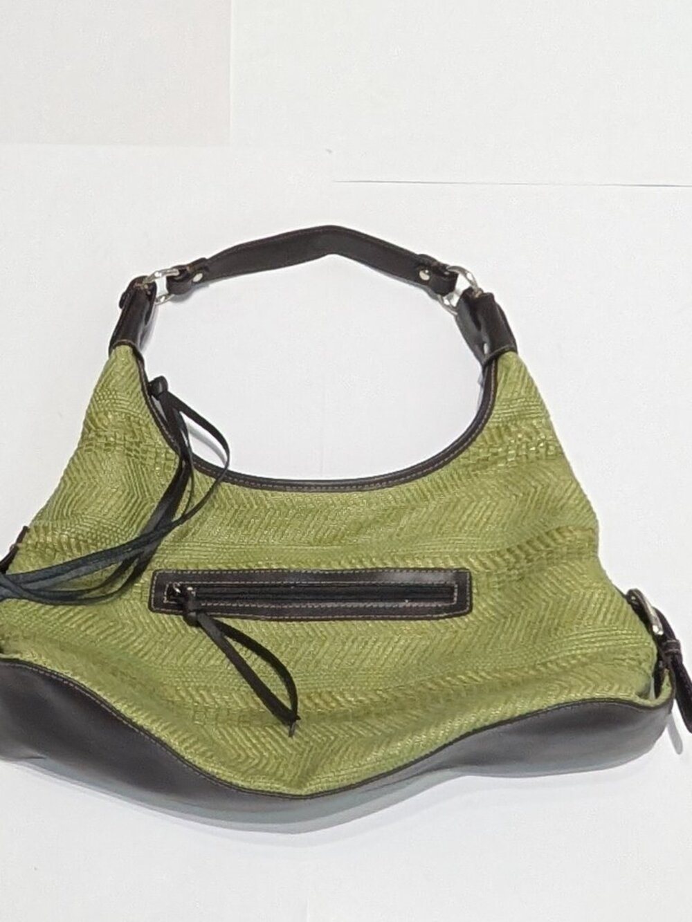 Worthington Green Cotton Woven Hobo Shoulder Bag with Brown Leather Accents - Picture 3 of 11